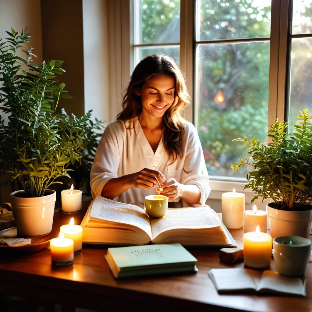 A serene scene featuring a joyful mother practicing self-care, surrounded by soothing elements like candles, plants, and a journal. Include a bright sun shining through a window, casting warm light on her as she sips herbal tea and smiles. Emphasize a peaceful and uplifting atmosphere to represent wellness and happiness. vibrant colors. soft lighting. super-realistic.