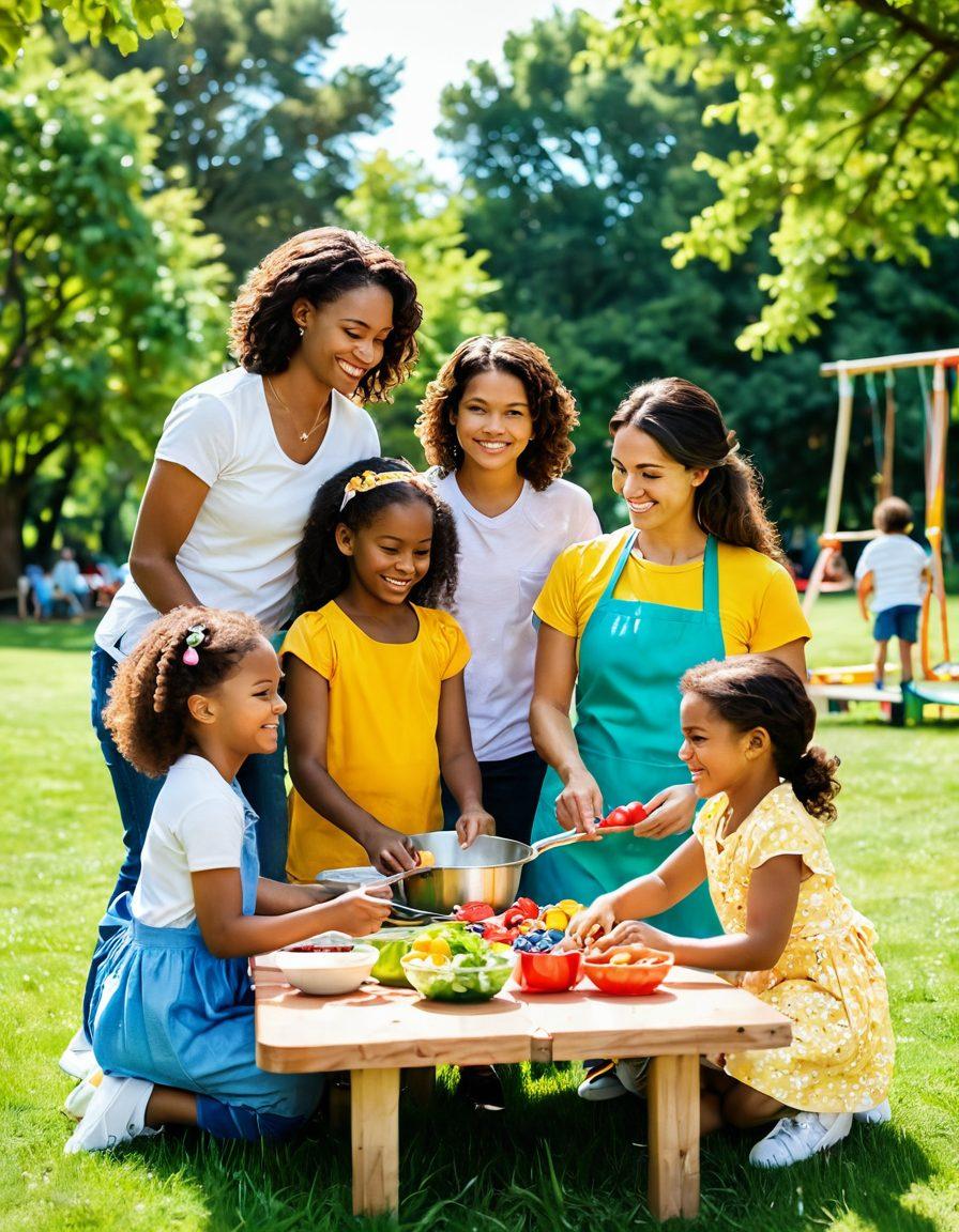 A vibrant scene showcasing a diverse group of supermoms joyfully engaging in family activities like cooking, crafting, and outdoor play, with smiling children by their side. The setting is a bright, sunny park filled with colorful playground equipment, lush greenery, and blooming flowers, symbolizing empowerment and wellness. Illustrate heartwarming expressions and strong bonds between mothers and their children, emphasizing positivity and togetherness. cartoon style. warm colors. dynamic composition.