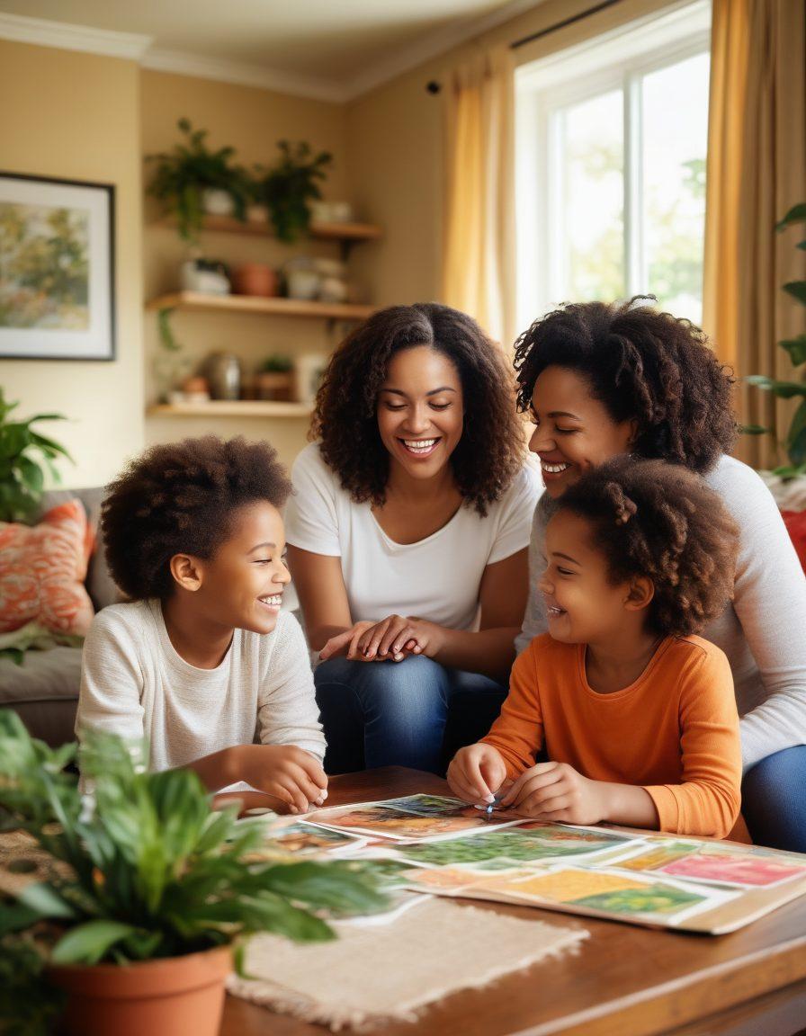 A warm and inviting family scene with a diverse group of moms and children engaged in various bonding activities like cooking, crafting, and playing games. The background features a cozy living room adorned with family photos and plants, symbolizing strong connections. The moms are seen sharing smiles and laughter, highlighting empowerment and support among them. Soft, natural lighting enhances the emotional depth of the moment. vibrant colors. super-realistic.